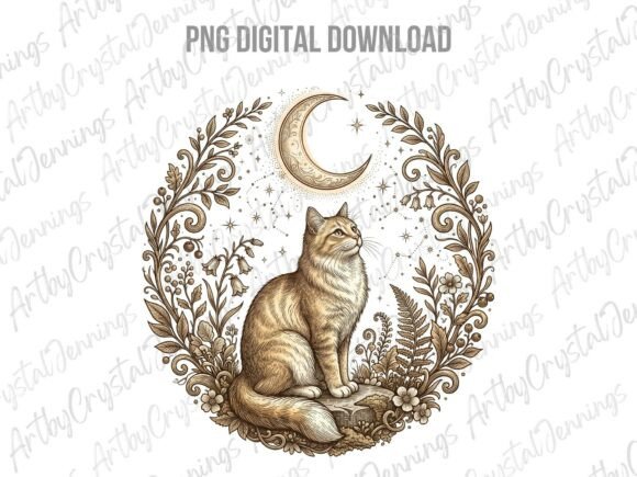 Download Boho Celestial Cat Moon Floral PNG - Premium Resources
